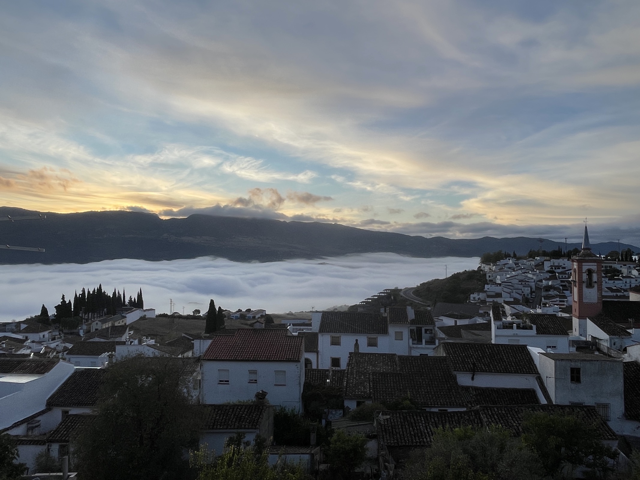 Sunrise over the mountains from the terrace of the house in Cortes